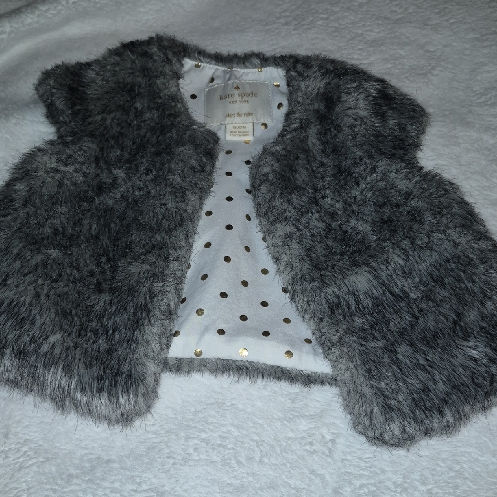 kate spade Girls' Gray Faux Fur Vest with Polka Dot Lining Sz. 12M